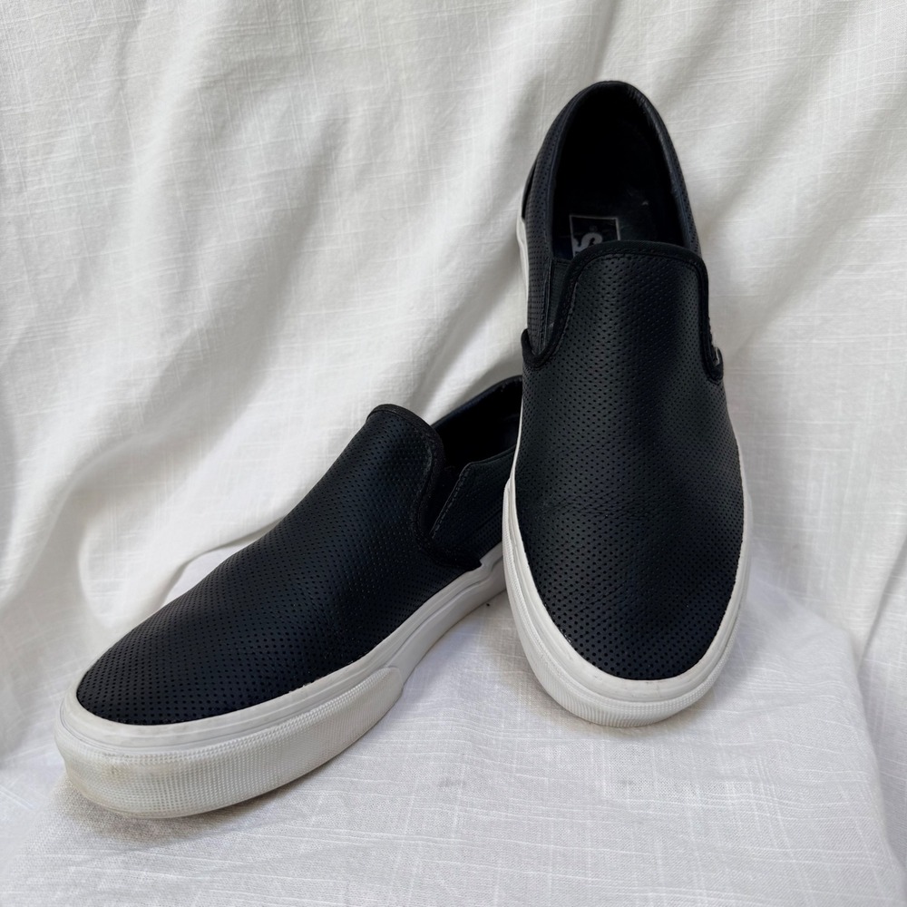 Vans Classic Slip-On Shoes Mens Black Perforated Leather Sneakers Low Top